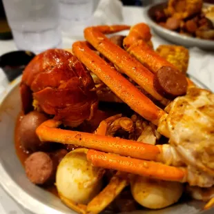 Snow crab, lobster tail, eggs, shrimp