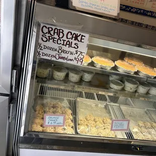 a display of crab cakes