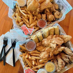 two baskets of food on a table