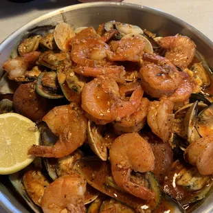 1lb each of shrimp, mussels and clams...with potatoes, corn and chicken sausage