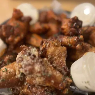 Garlic Parmesan wings., hot honey and hot garlic wings