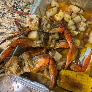 Susie Q blue ... no meat inside the crabs and two of the shrimp didn&apos;t have blood veins removed. The meat was black