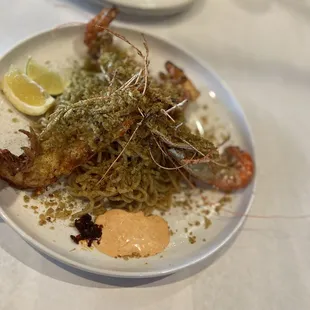 Garlic Noddles and grilled shrimp