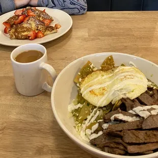 $40 breakfast, steak chilaquiles, coffee and French toast.