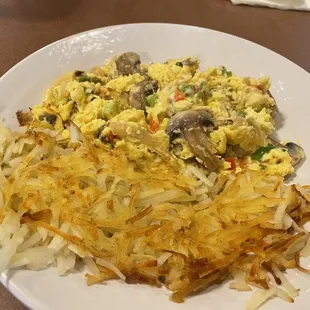 taylor &apos;s Scramble with added mushroom, peppers and grilled onions