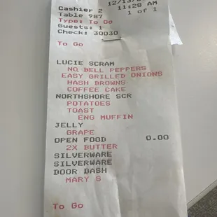 Receipt showing special order.