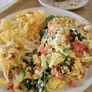 Greek omelet, scrambled w/ yummy hashbrowns!