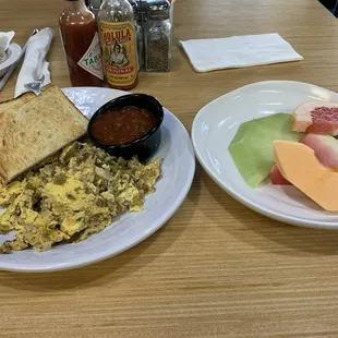 Southwest Scramble with salsa and fruits