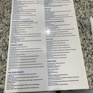 Menu Omelettes, Breakfast Combination, French Toast, The Eggs Benny, Crepes, Waffles, Breakfast Sandwiches, Skillets and Pancakes