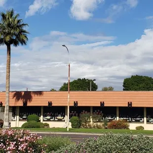 a restaurant and palm trees