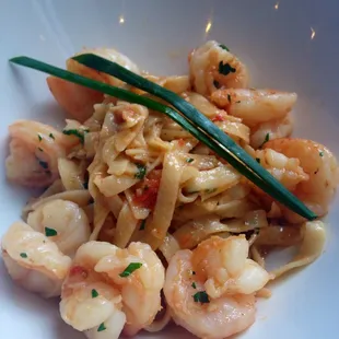 shrimp scampi fettuccine: wild shrimp, garlic, fresh herbs in a lemon + wine sauce