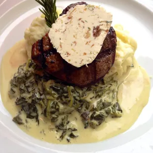 Fire Grilled Tenderloin: mashed potatoes, sauteed spinach, caramelized shallot butter