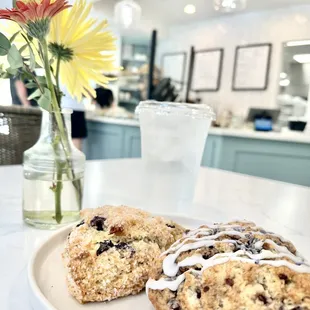 a plate of scones and a glass of water
