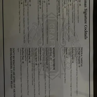 Cocktail menu