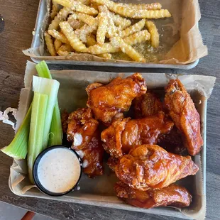 Small Traditional BBQ Wings &amp; Garlic Parmesan Fries. Yum!