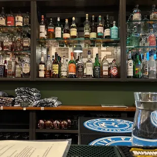 a bar with many bottles of alcohol