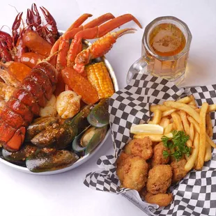 Fried oysters basket and seafood combo and beer