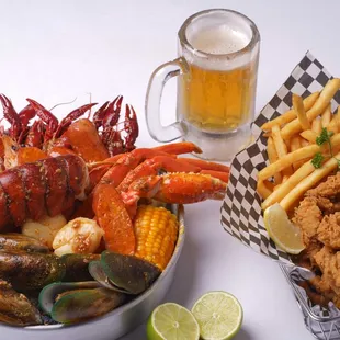 Soft shell crab, beer, and seafood combo