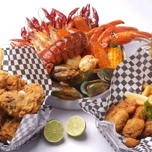 Soft Shell Crab, fried oysters, snow crab, crawfish, lobster, corn on the cob