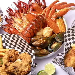 Calamari, Softshell Crab Basket, Catfish Basket, Seafood Combo