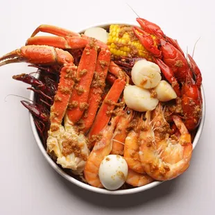 Snow Crab Cluster, Jumbo Scallops, Crawfish, Shrimp Head-on, Hard Boiled Egg