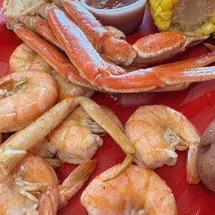 Blue Point Crabs and Shrimp combo (with butter and cocktail sauce) + sides of potato and corn.