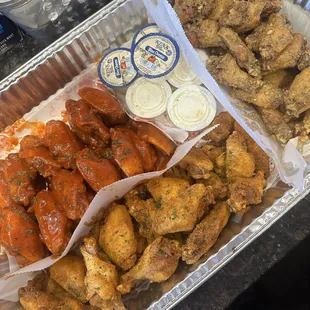 50pc party wing platter: crazylicious flavors are crazy hot, dry season and garlic Parmesan.