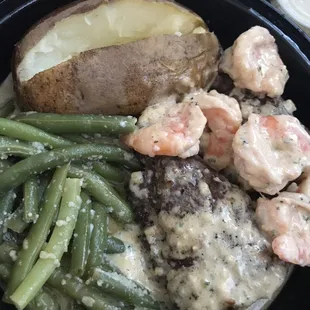 Filet, garlic shrimp, baked potato &amp; garlic string beans