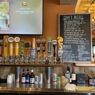 a bar with beer taps