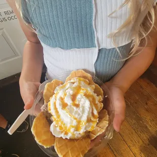 Cookies and cream ice cream with "nachos" (waffle cone wafers)