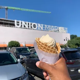 Salted Caramel &amp; Butter Pecan in a waffle cone