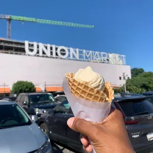 Salted Caramel &amp; Butter Pecan in a waffle cone