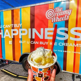 a hand holding a cup of ice cream