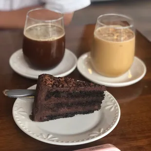 a slice of chocolate cake and a cup of coffee