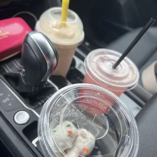 Salted caramel pretzel shake, cherry, limeade, tea, and sugar, cookie protein balls