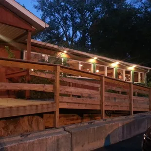 the front of the lodge at night