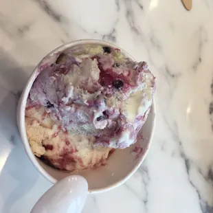 2 scoop cup of Daddy's Cherry Vanilla Malt on the bottom and Lemon Verbena with Blueberry Jam ice cream