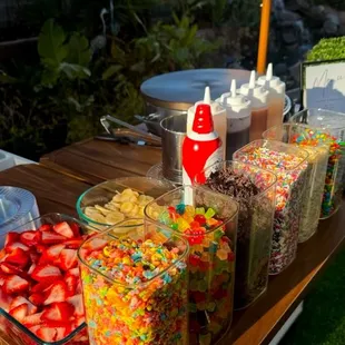 Crepe making bar, topping, syrups, fresh fruit