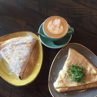 Blueberry cheesecake crepe, ham and cheese crepe, and a latte!!