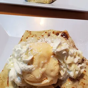 Banana Crepe with Ice Cream, whipped cream and sweetened condensed milk.