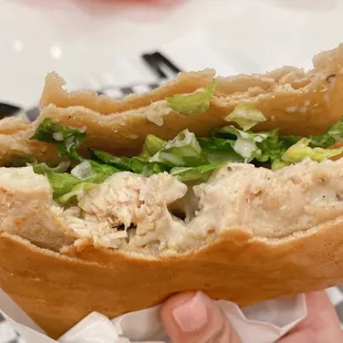 a person holding a sandwich