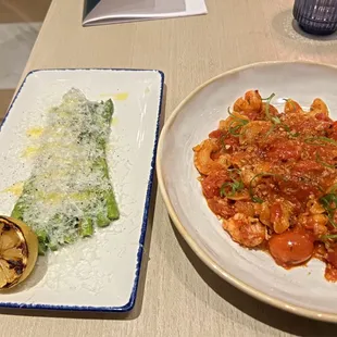Asparagus and rock shrimp pasta