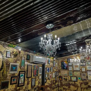 Inside art gallery with chandeliers