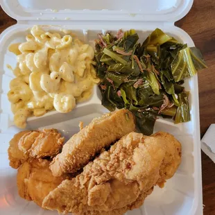 4 PC tenders mac and cheese greens hot honey sauce