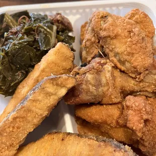 Fried Half Chicken, Jo Jo&apos;s and collard greens