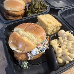 Chicken Sandwich, Mac and Cheese, Corn Bread, Texas Potatoes, Greens