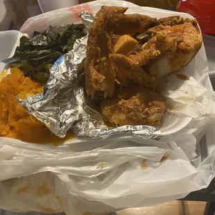 Fried Chicken with collard greens and yams here.