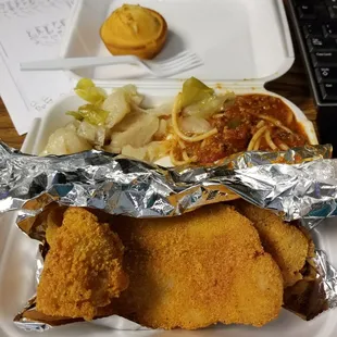 Fish, spaghetti and cabbage.