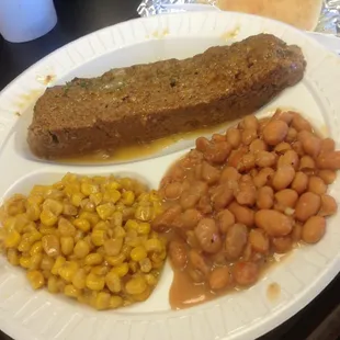 Meatloaf with Corn, Beans, and a Roll. Yum!