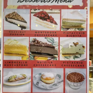 a menu for desserts